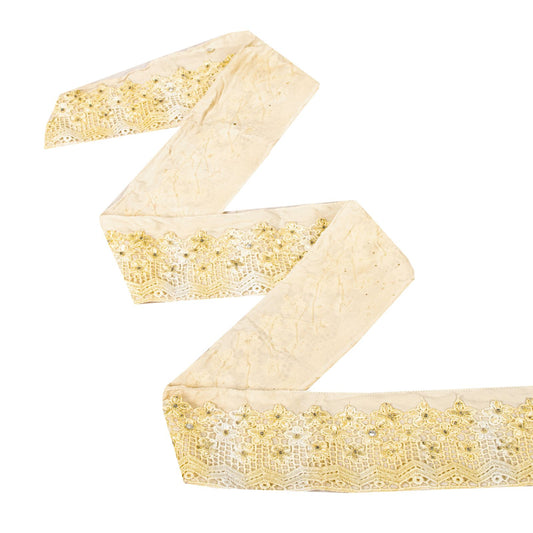 Sanskriti Vintage 1 YD Sari Border Cream Pure Crepe Crochet Hand Bead Trim Lace