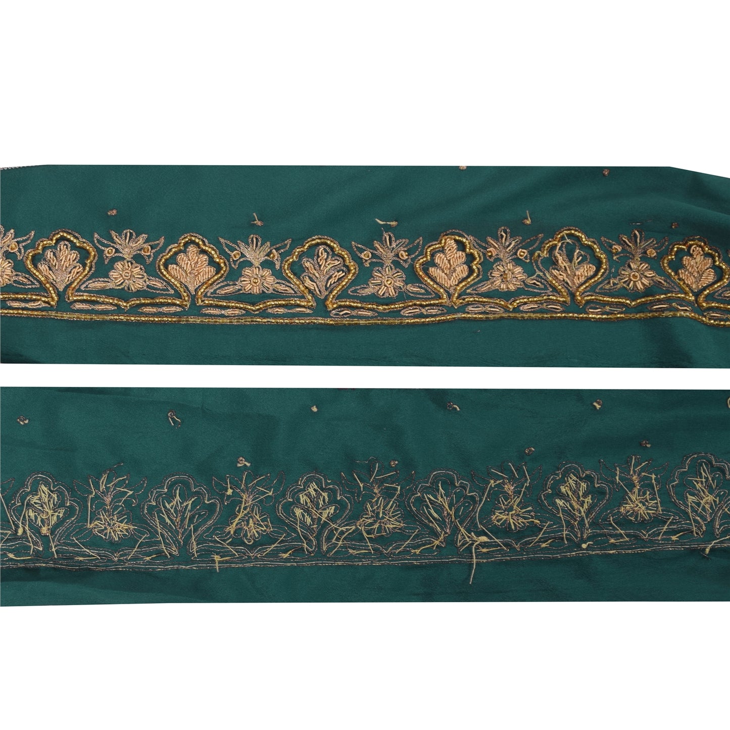 Sanskriti Vintage Saree Border Hand Beaded Craft Trims Lace 1 Yard Sequins Green