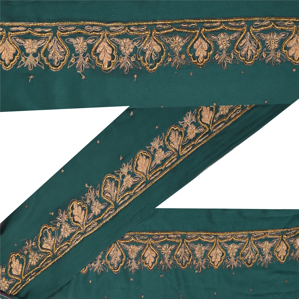 Sanskriti Vintage Saree Border Hand Beaded Craft Trims Lace 1 Yard Sequins Green