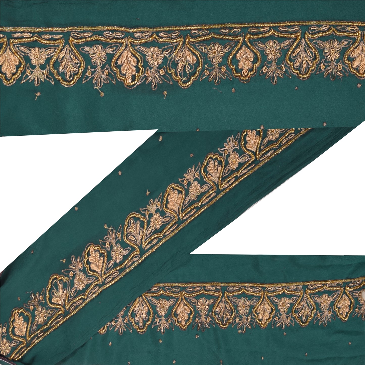 Sanskriti Vintage Saree Border Hand Beaded Craft Trims Lace 1 Yard Sequins Green