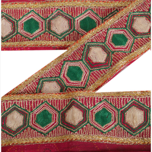 Sanskriti Vintage Sari Border Hand Embroidered 1 Yd Indian Trim Sewing Pink Lace