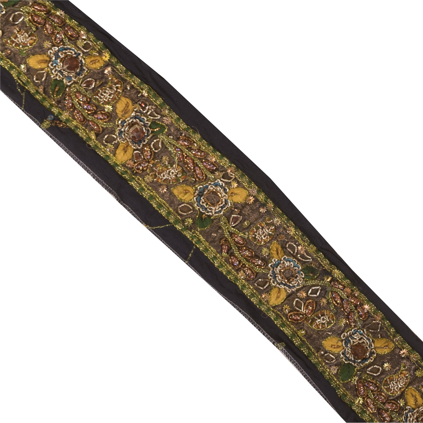 Sanskriti Vintage Saree Border Hand Beaded Craft Trims Lace 1 Yard Black