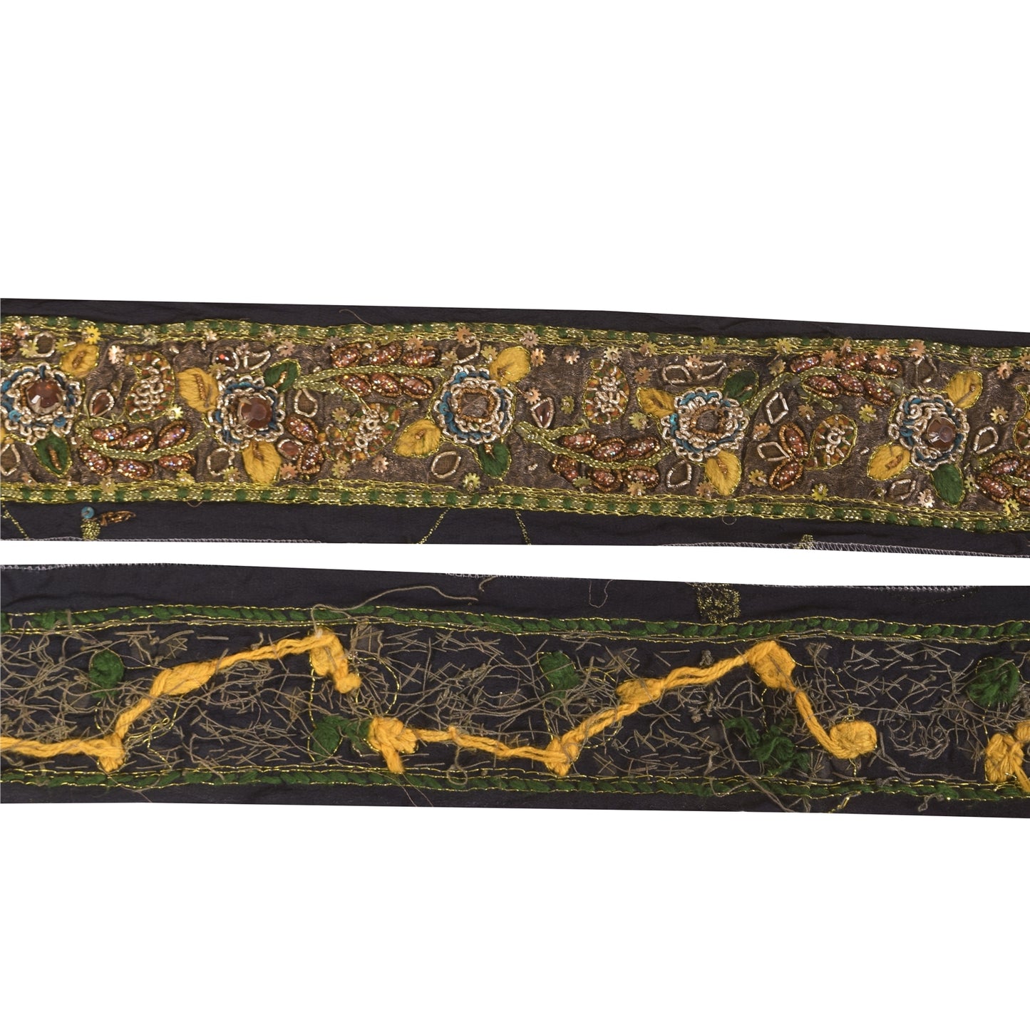 Sanskriti Vintage Saree Border Hand Beaded Craft Trims Lace 1 Yard Black