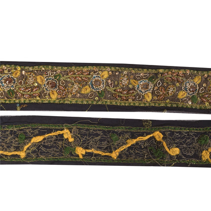 Sanskriti Vintage Saree Border Hand Beaded Craft Trims Lace 1 Yard Black