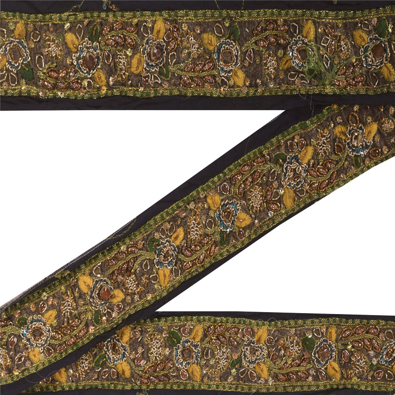 Sanskriti Vintage Saree Border Hand Beaded Craft Trims Lace 1 Yard Black