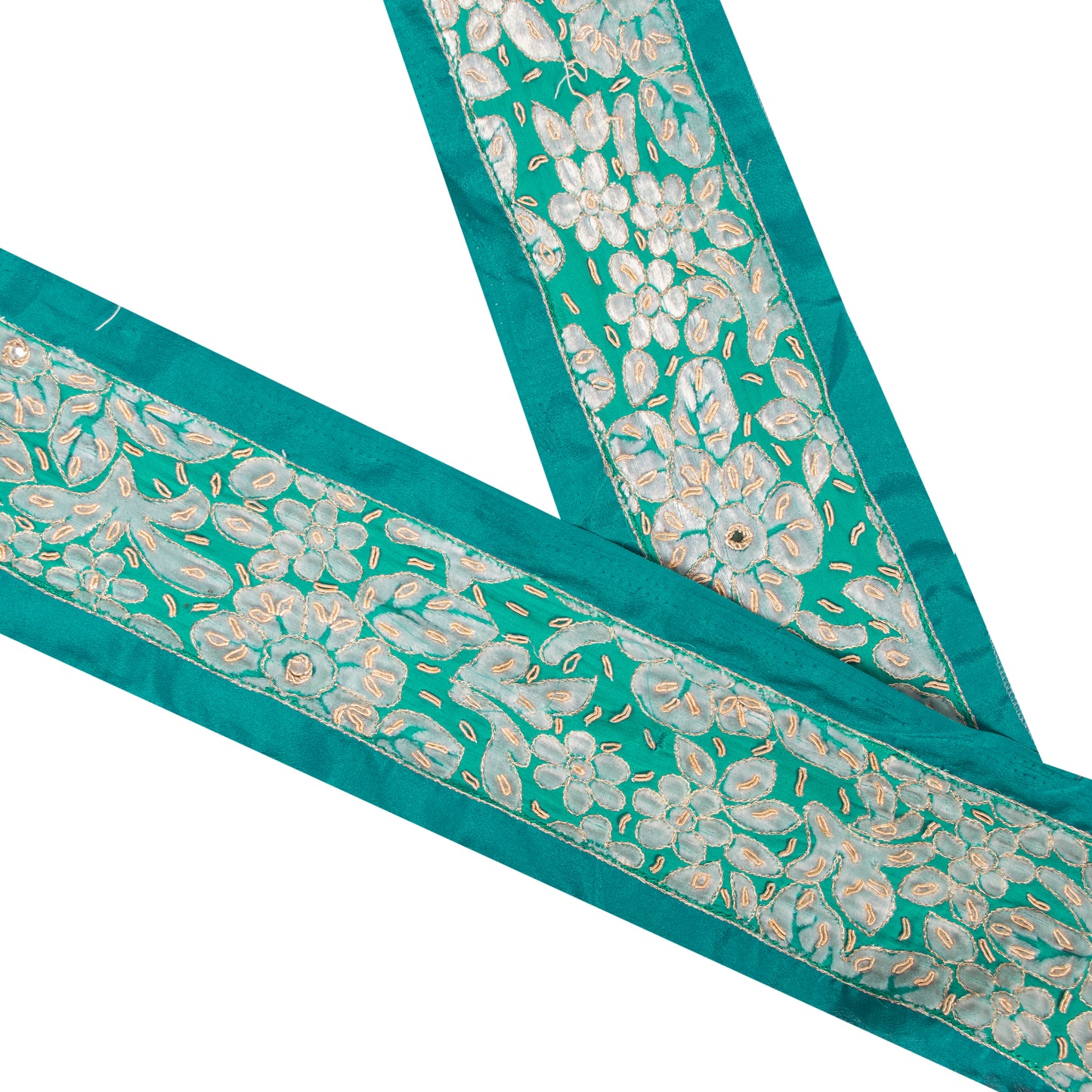 Sanskriti Vintage Trims Saree Border Hand Beaded Zari Zardozi 1 YD 3W Rama Green