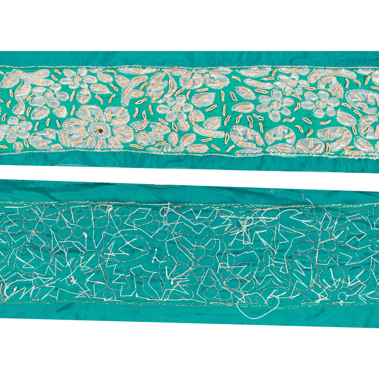 Sanskriti Vintage Trims Saree Border Hand Beaded Zari Zardozi 1 YD 3W Rama Green