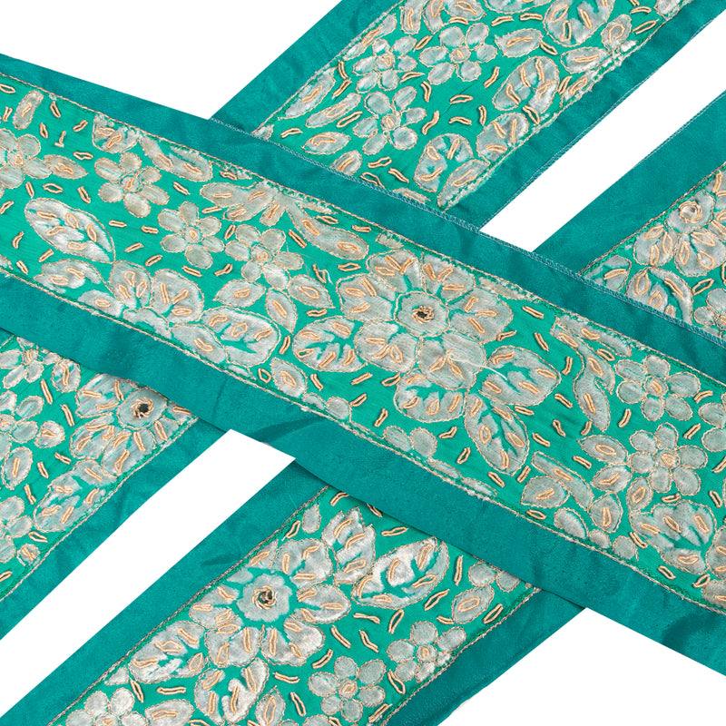 Sanskriti Vintage Trims Saree Border Hand Beaded Zari Zardozi 1 YD 3W Rama Green