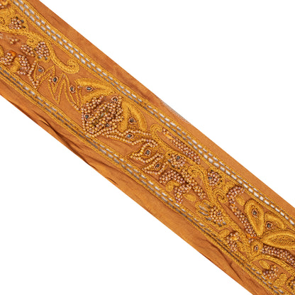 Sanskriti Vintage Sari Border Hand Beaded 1 YD Craft Trim Saffron Lace Ribbon