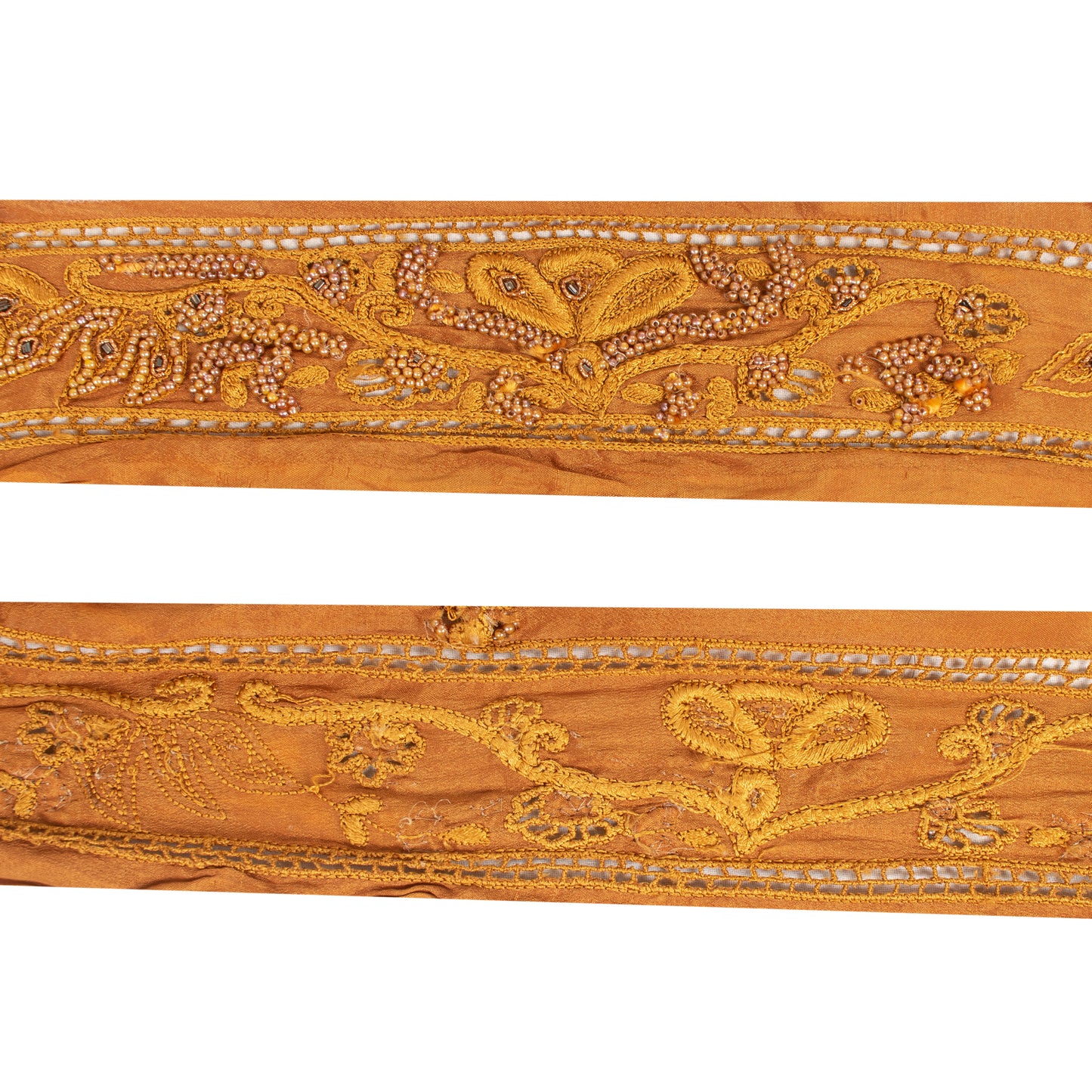 Sanskriti Vintage Sari Border Hand Beaded 1 YD Craft Trim Saffron Lace Ribbon