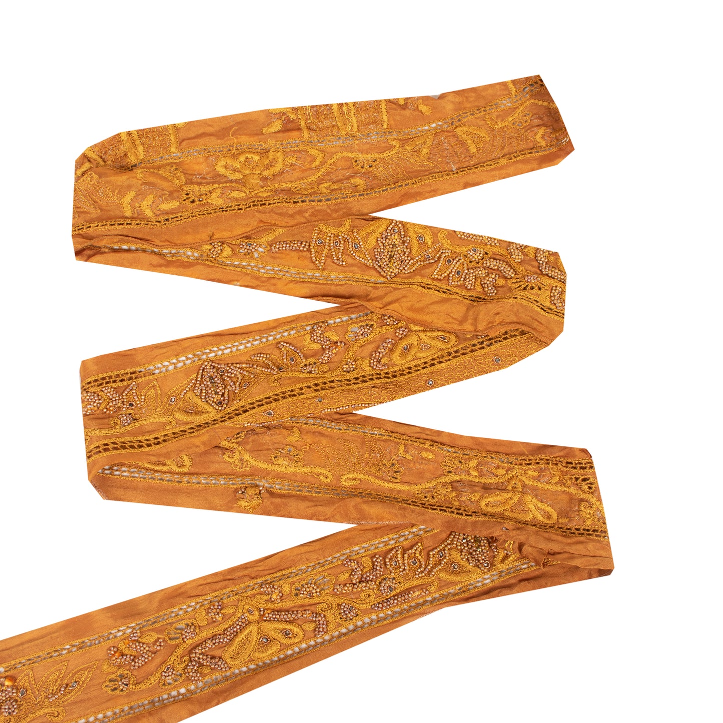 Sanskriti Vintage Sari Border Hand Beaded 1 YD Craft Trim Saffron Lace Ribbon