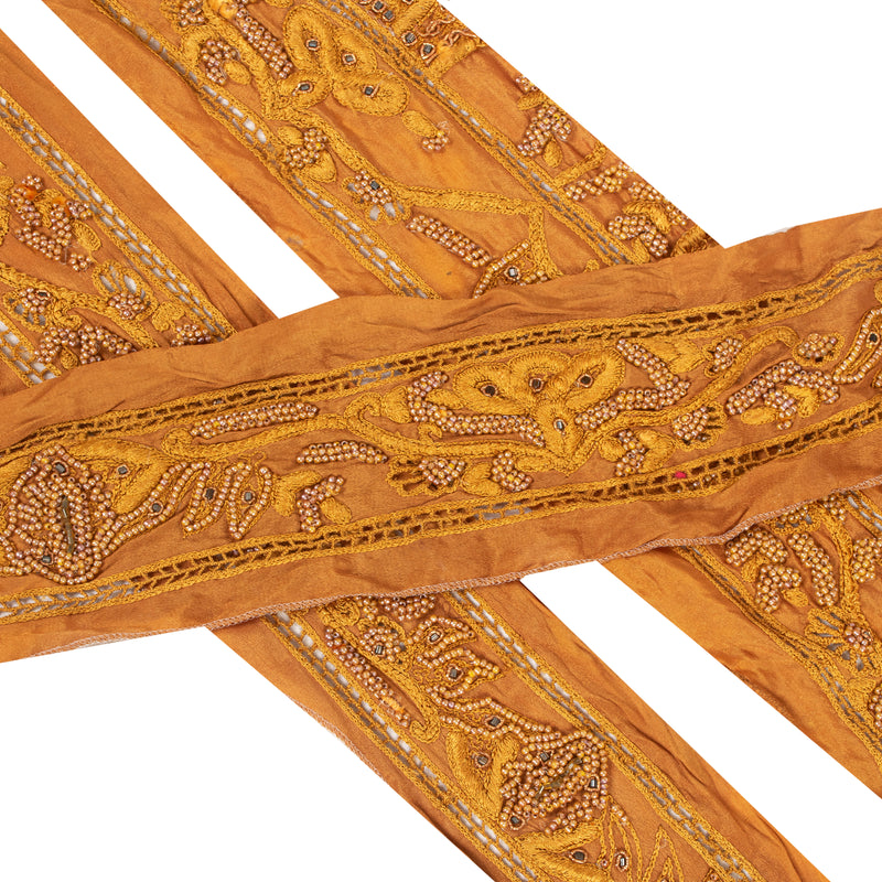 Sanskriti Vintage Sari Border Hand Beaded 1 YD Craft Trim Saffron Lace Ribbon