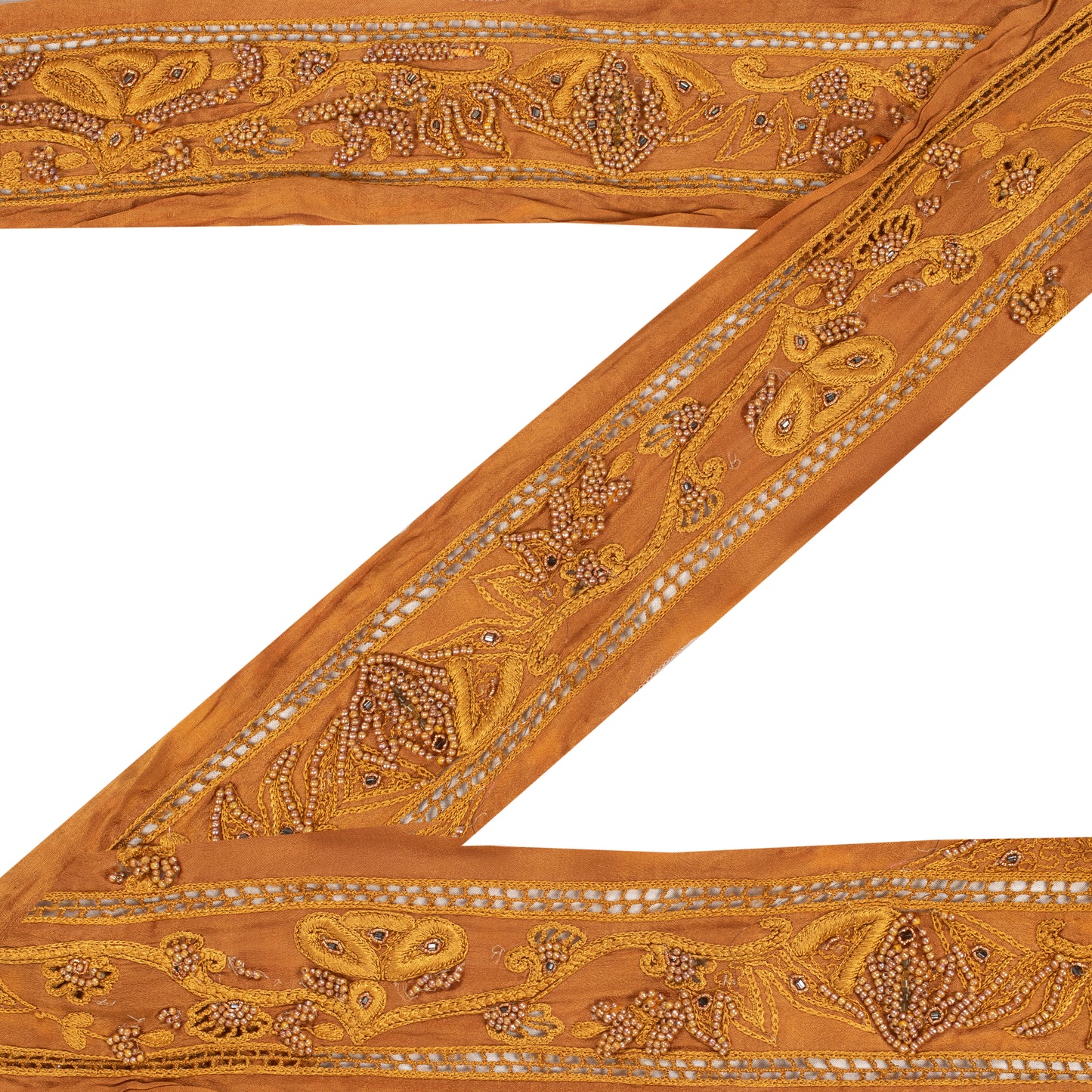 Sanskriti Vintage Sari Border Hand Beaded 1 YD Craft Trim Saffron Lace Ribbon
