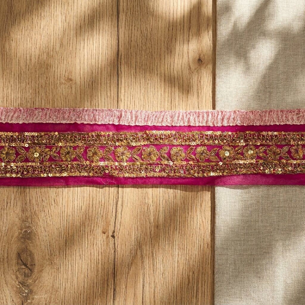 Sanskriti Vintage 1YD 3"W Sari Border Pink Pure Georgette Hand Made Zardozi Lace