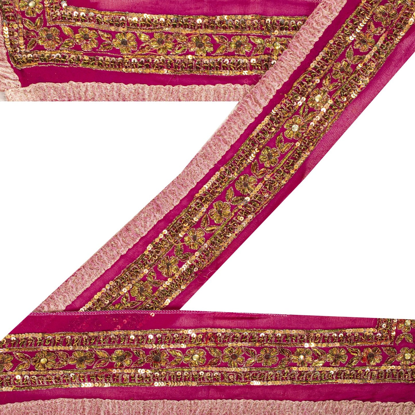 Sanskriti Vintage 1YD 3"W Sari Border Pink Pure Georgette Hand Made Zardozi Lace