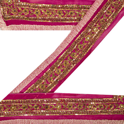 Sanskriti Vintage 1YD 3"W Sari Border Pink Pure Georgette Hand Made Zardozi Lace