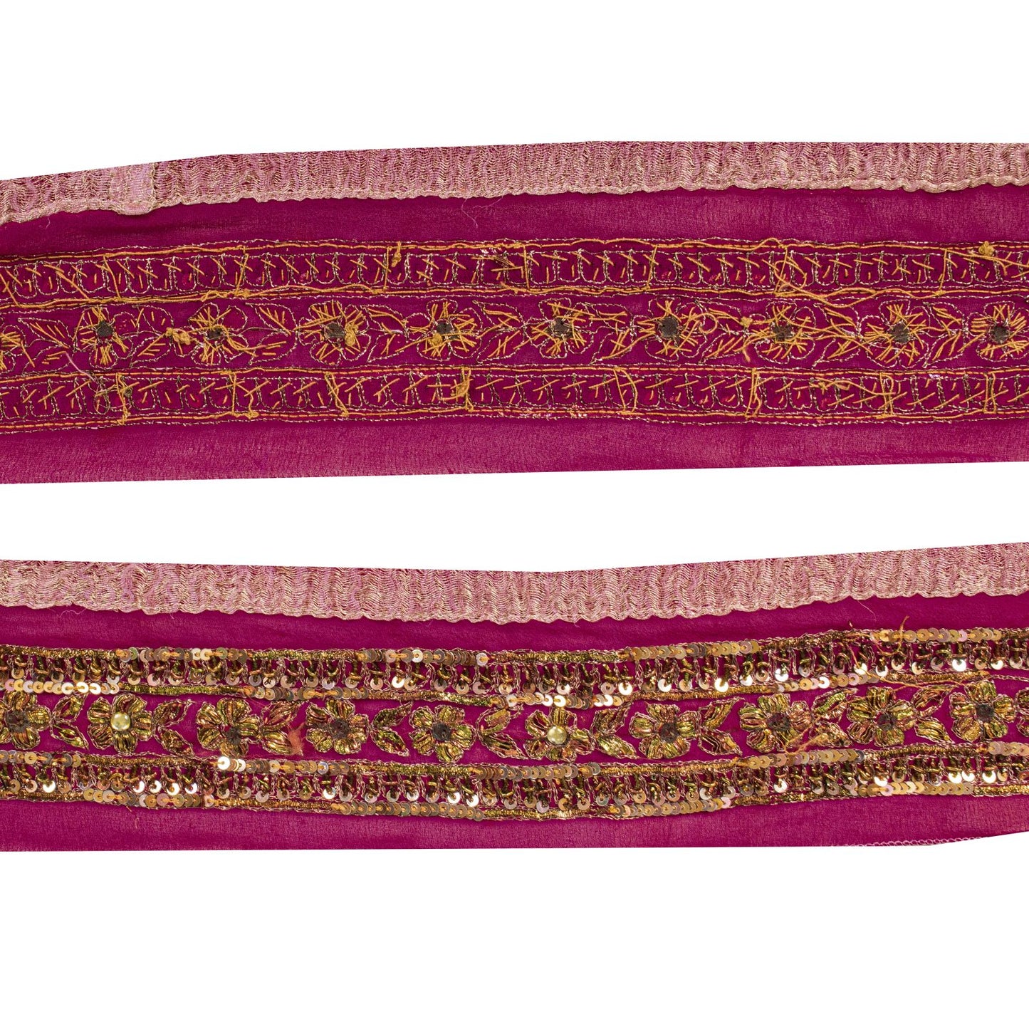 Sanskriti Vintage 1YD 3"W Sari Border Pink Pure Georgette Hand Made Zardozi Lace