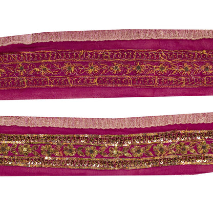 Sanskriti Vintage 1YD 3"W Sari Border Pink Pure Georgette Hand Made Zardozi Lace