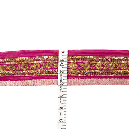 Sanskriti Vintage 1YD 3"W Sari Border Pink Pure Georgette Hand Made Zardozi Lace