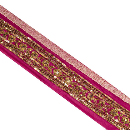 Sanskriti Vintage 1YD 3"W Sari Border Pink Pure Georgette Hand Made Zardozi Lace