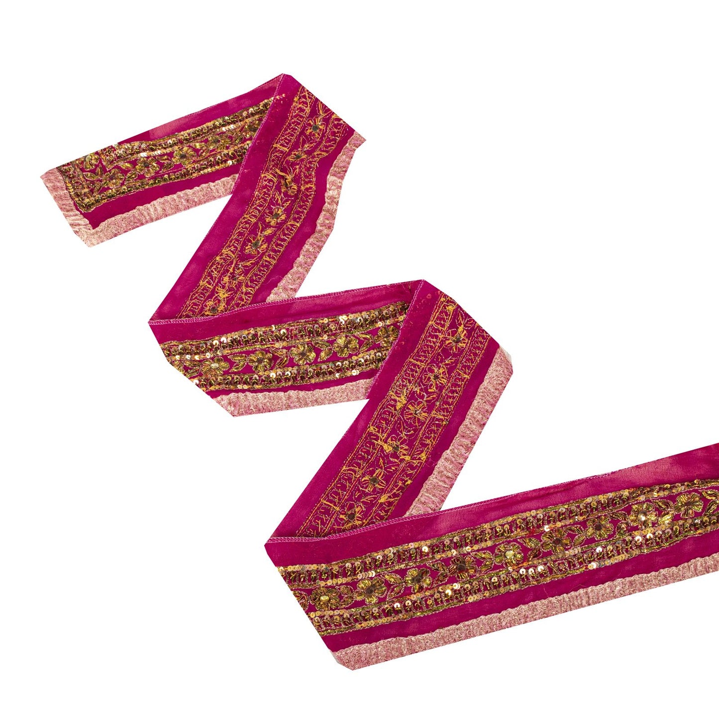Sanskriti Vintage 1YD 3"W Sari Border Pink Pure Georgette Hand Made Zardozi Lace