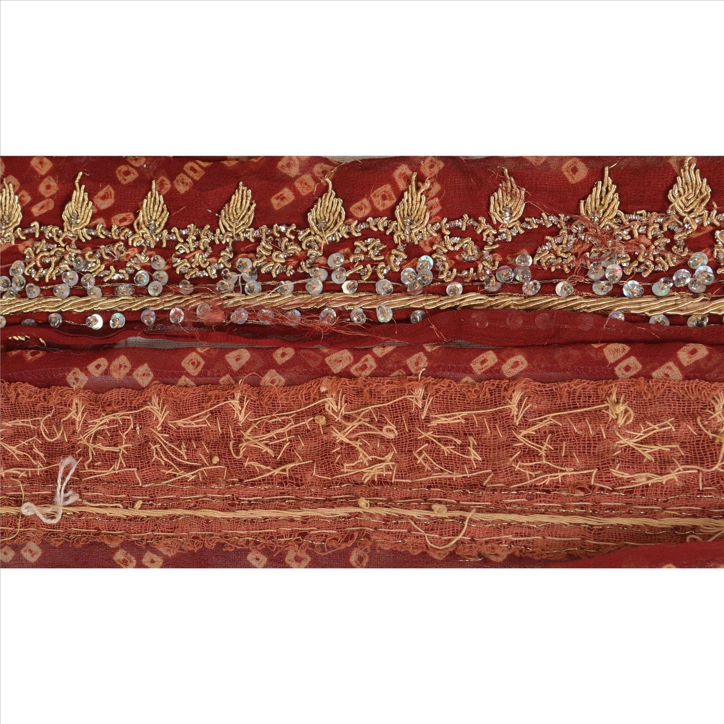 Sanskriti Vintage Bandhani Sari Border Hand Beaded 1 Yd Trim Ribbon Maroon Lace