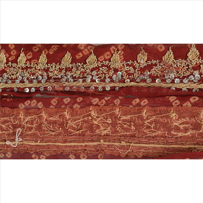 Sanskriti Vintage Bandhani Sari Border Hand Beaded 1 Yd Trim Ribbon Maroon Lace