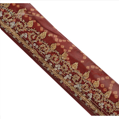 Sanskriti Vintage Bandhani Sari Border Hand Beaded 1 Yd Trim Ribbon Maroon Lace
