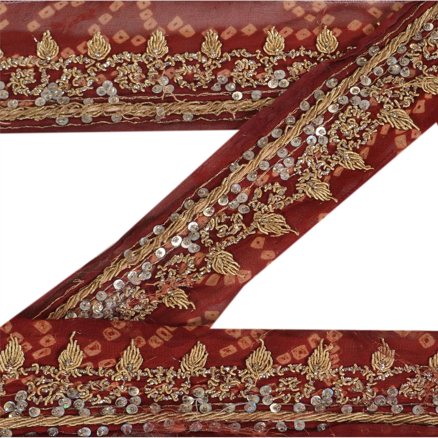 Sanskriti Vintage Bandhani Sari Border Hand Beaded 1 Yd Trim Ribbon Maroon Lace