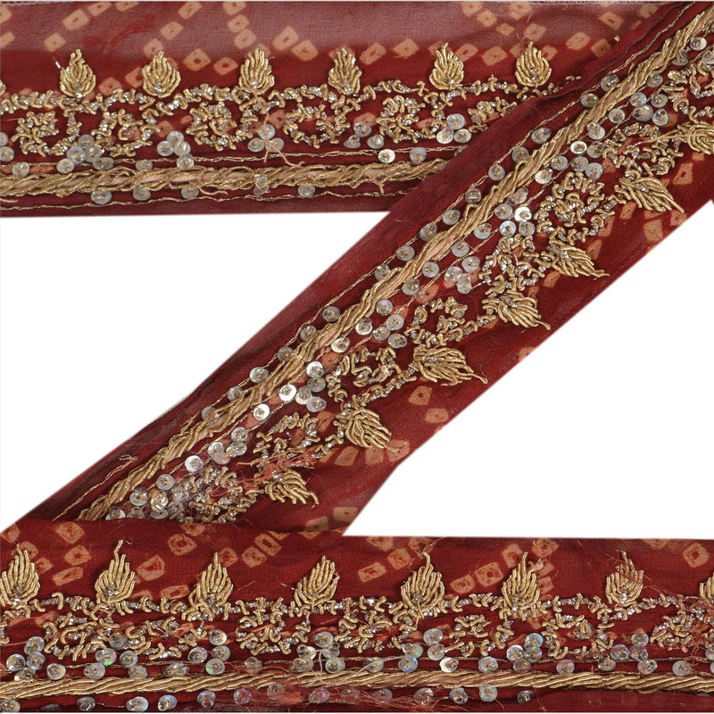 Sanskriti Vintage Bandhani Sari Border Håndperlet 1 Yd Trim bånd rødbrun blonde