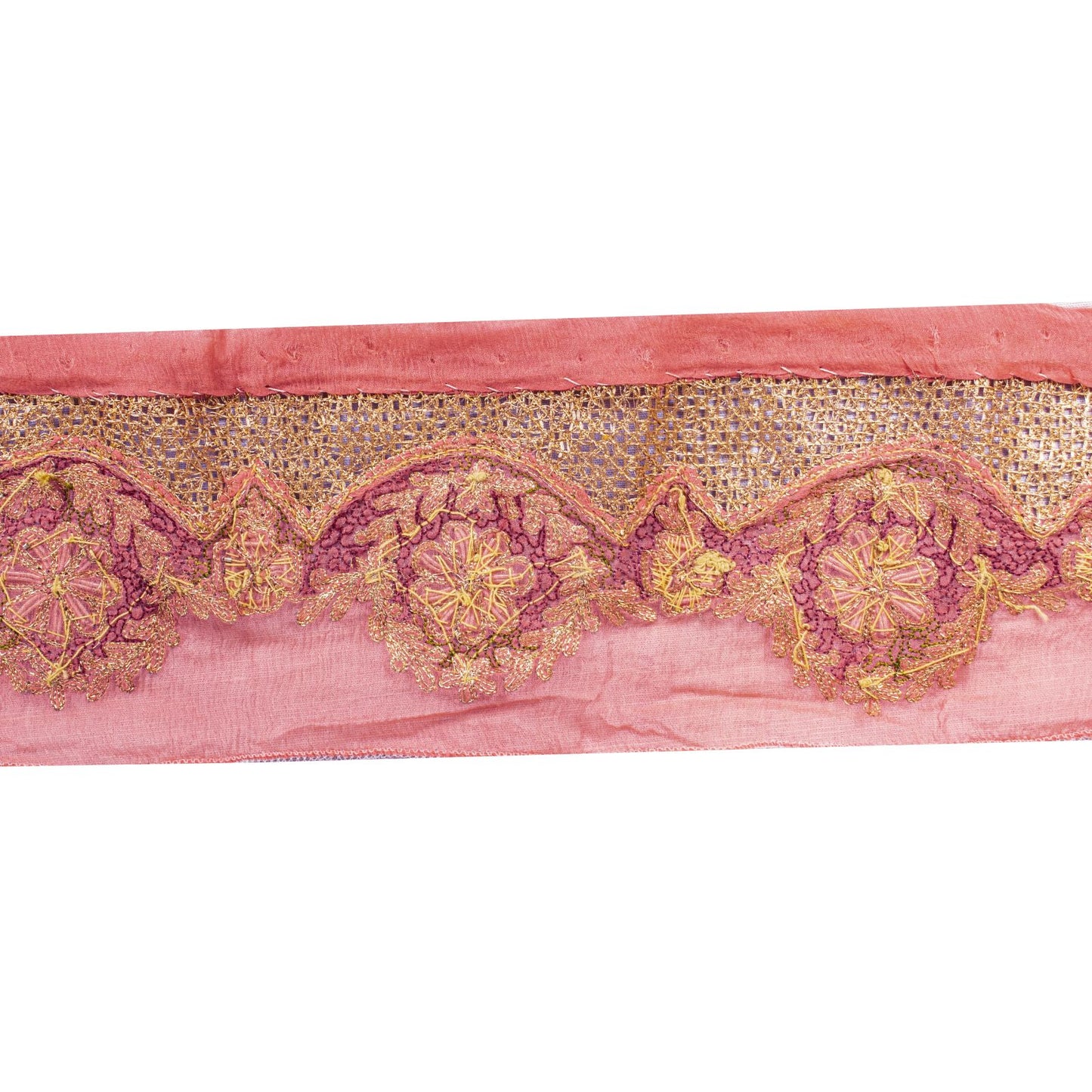 Sanskriti Vintage Peach Pure Chiffon 1 YD Sari Border Trim Hand Embroidered Lace