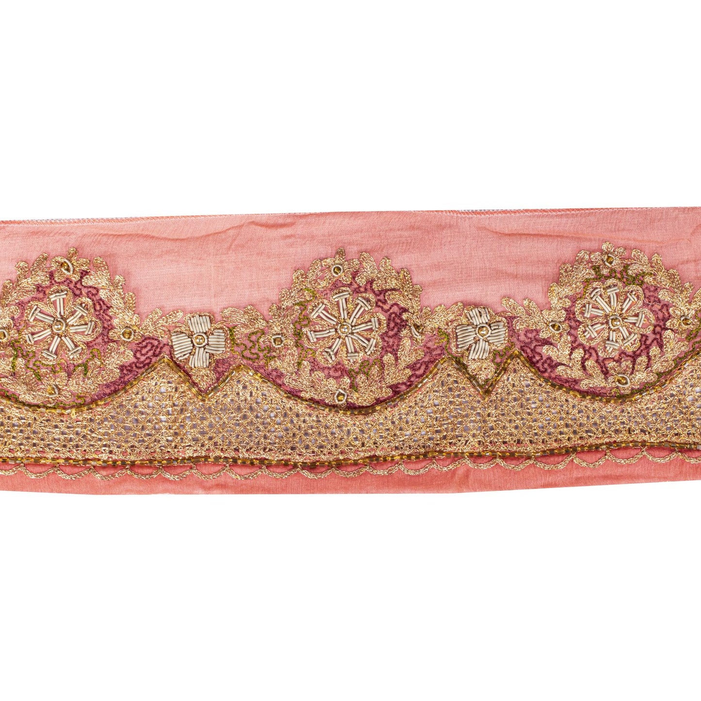 Sanskriti Vintage Peach Pure Chiffon 1 YD Sari Border Trim Hand Embroidered Lace