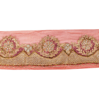 Sanskriti Vintage Peach Pure Chiffon 1 YD Sari Border Trim Hand Embroidered Lace
