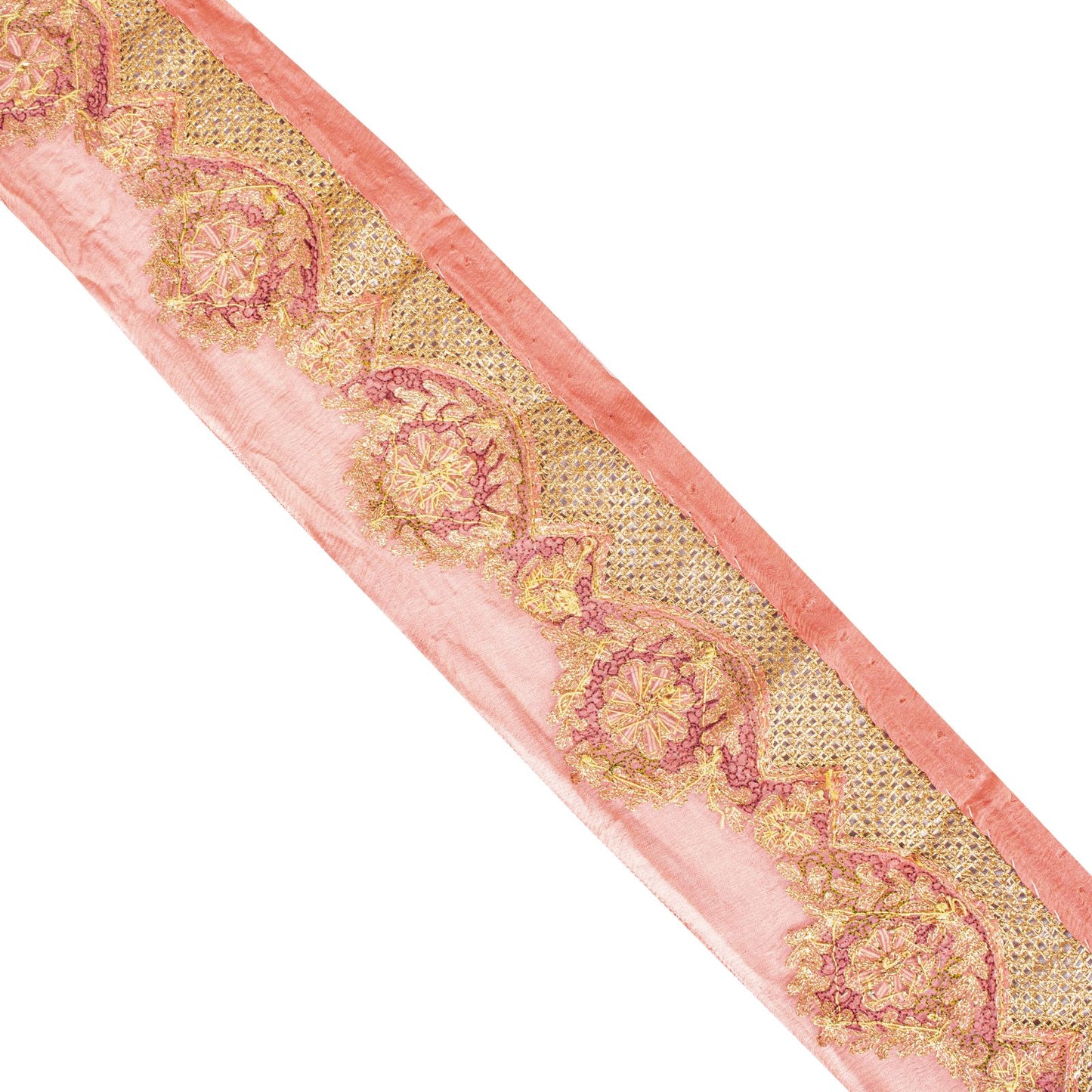 Sanskriti Vintage Peach Pure Chiffon 1 YD Sari Border Trim Hand Embroidered Lace