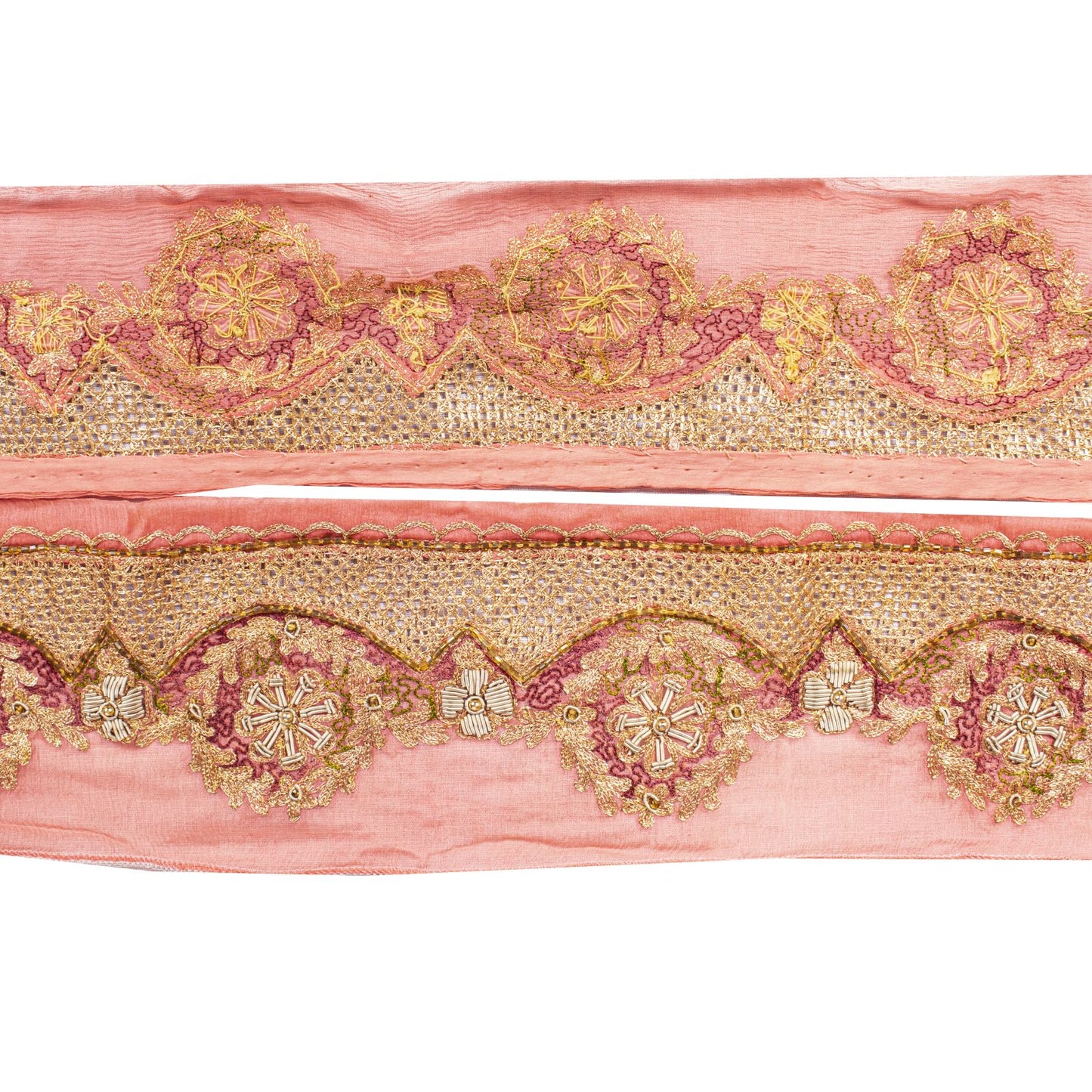 Sanskriti Vintage Peach Pure Chiffon 1 YD Sari Border Trim Hand Embroidered Lace