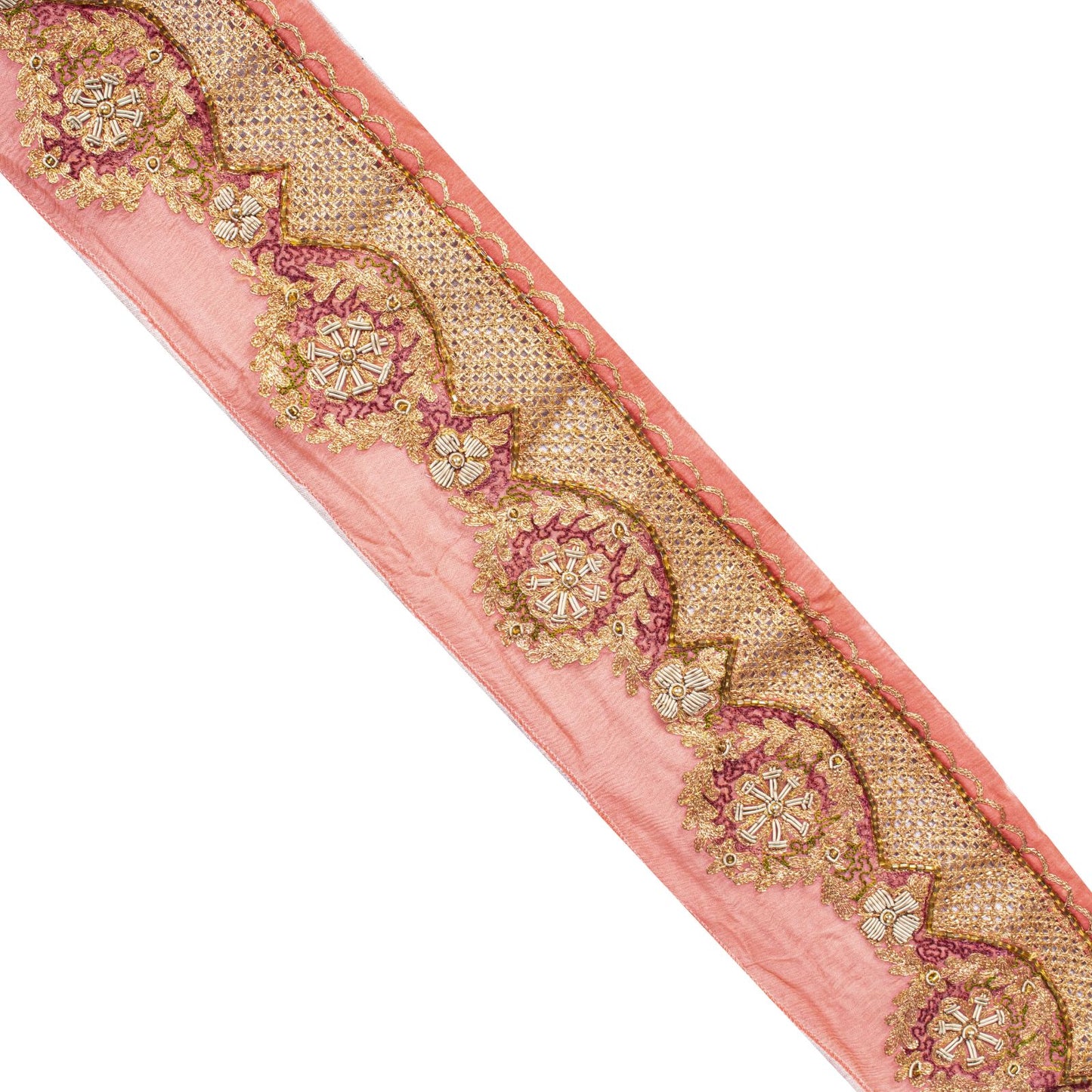 Sanskriti Vintage Peach Pure Chiffon 1 YD Sari Border Trim Hand Embroidered Lace
