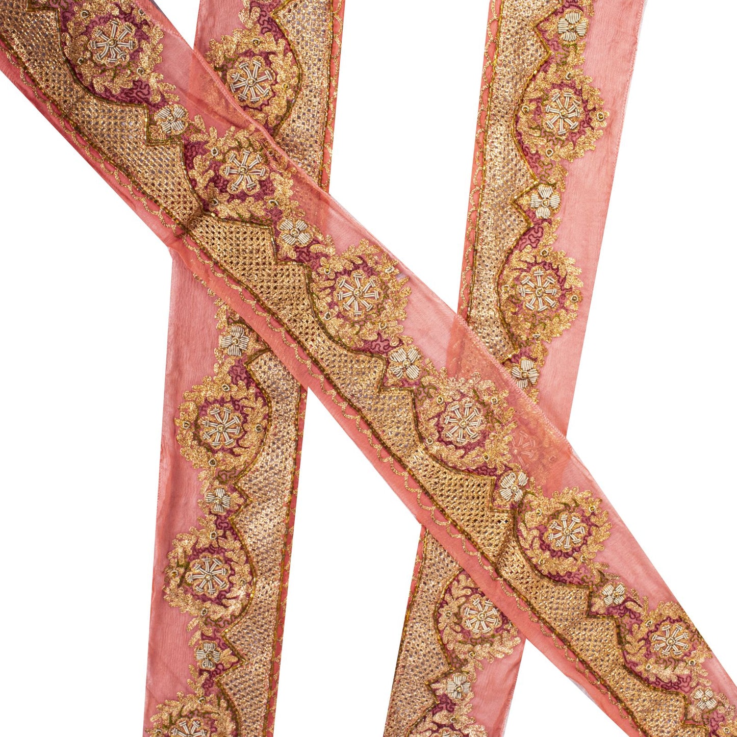 Sanskriti Vintage Peach Pure Chiffon 1 YD Sari Border Trim Hand Embroidered Lace