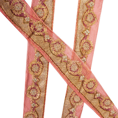 Sanskriti Vintage Peach Pure Chiffon 1 YD Sari Border Trim Hand Embroidered Lace