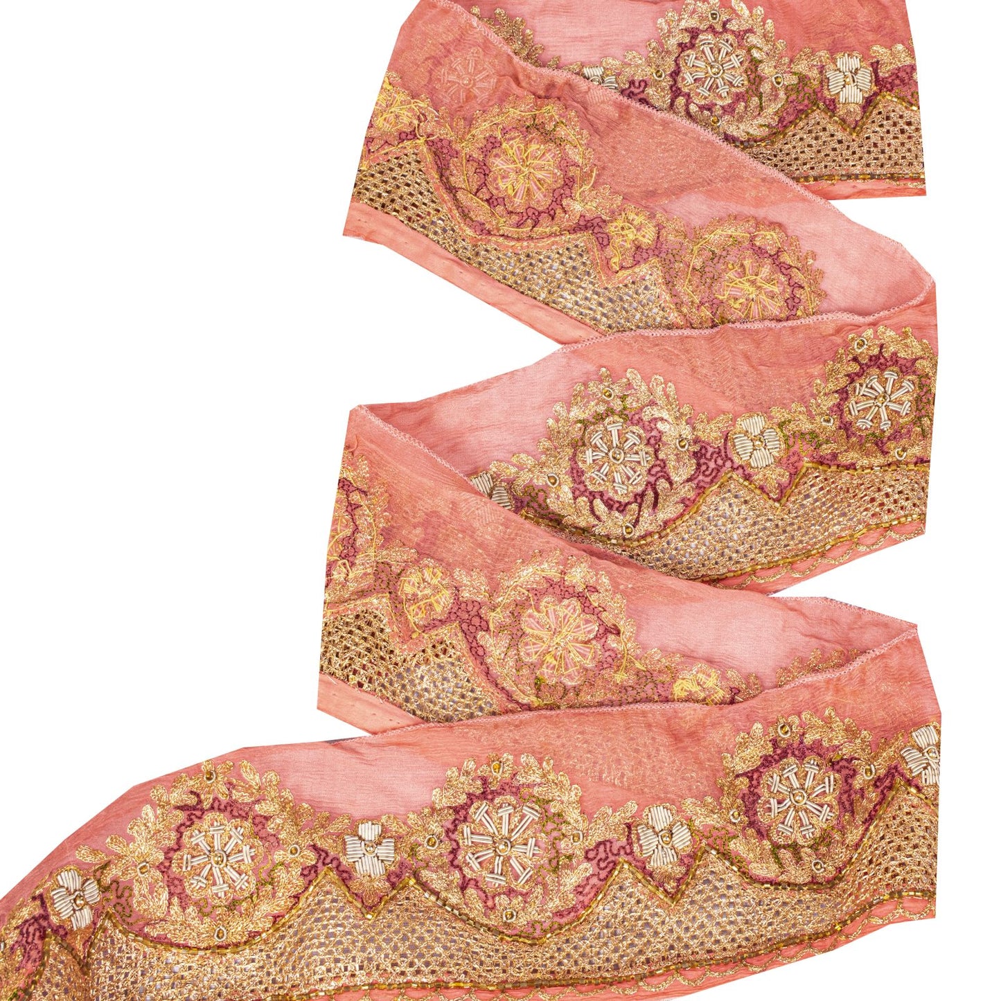 Sanskriti Vintage Peach Pure Chiffon 1 YD Sari Border Trim Hand Embroidered Lace