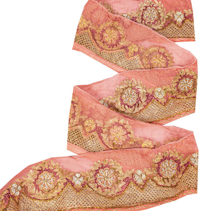 Sanskriti Vintage Peach Pure Chiffon 1 YD Sari Border Trim Hand Embroidered Lace