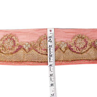 Sanskriti Vintage Peach Pure Chiffon 1 YD Sari Border Trim Hand Embroidered Lace
