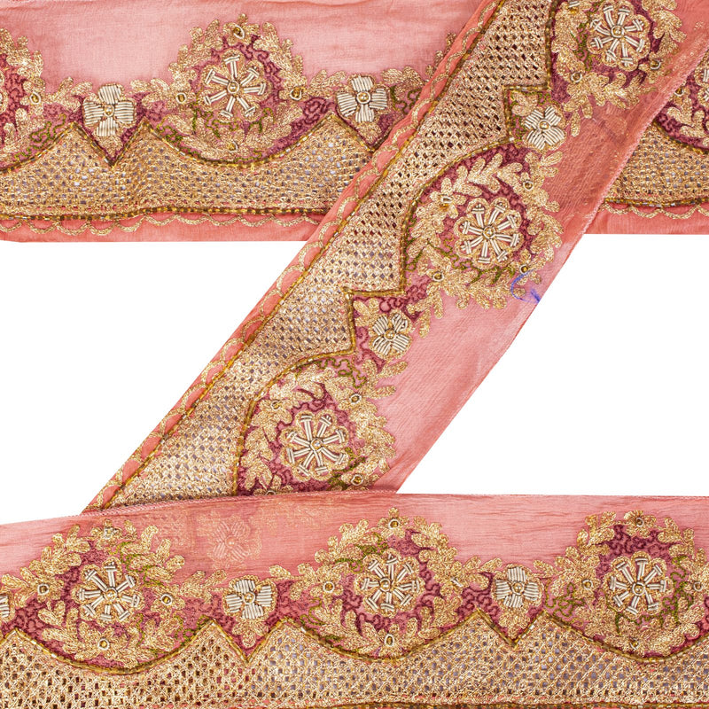 Sanskriti Vintage Peach Pure Chiffon 1 YD Sari Border Trim Hand Embroidered Lace