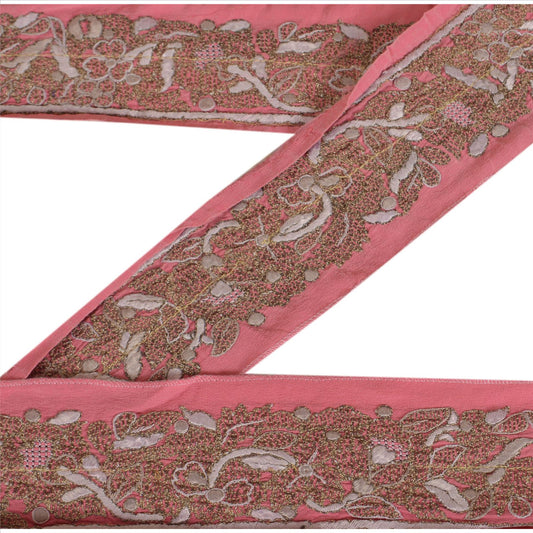 Sanskrkti Vintage Sari Border Hand Embroidered 1 Yd Indian Trim Sewing Pink Lace
