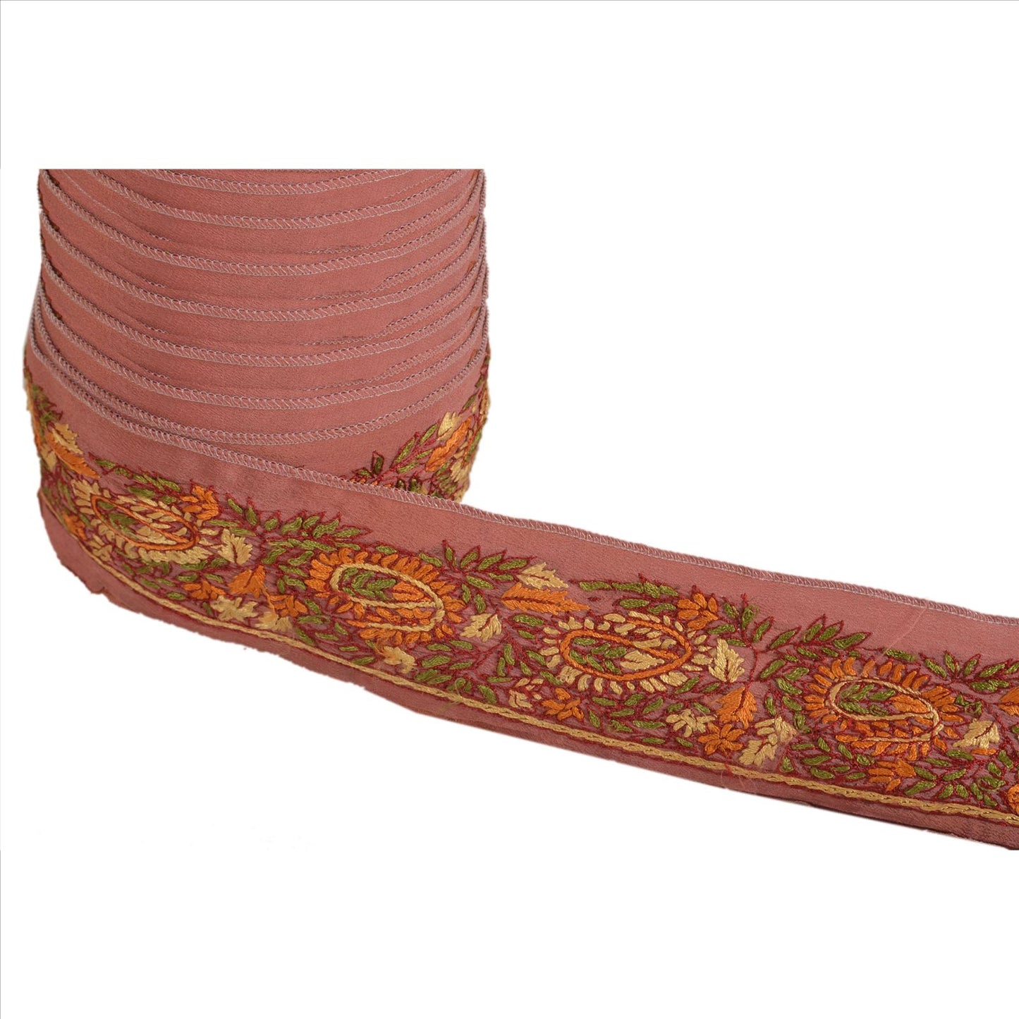 Sanskriti Vintage Sari Border Hand Embroidered 1 Yd Indian Trim Ribbon Pink Lace