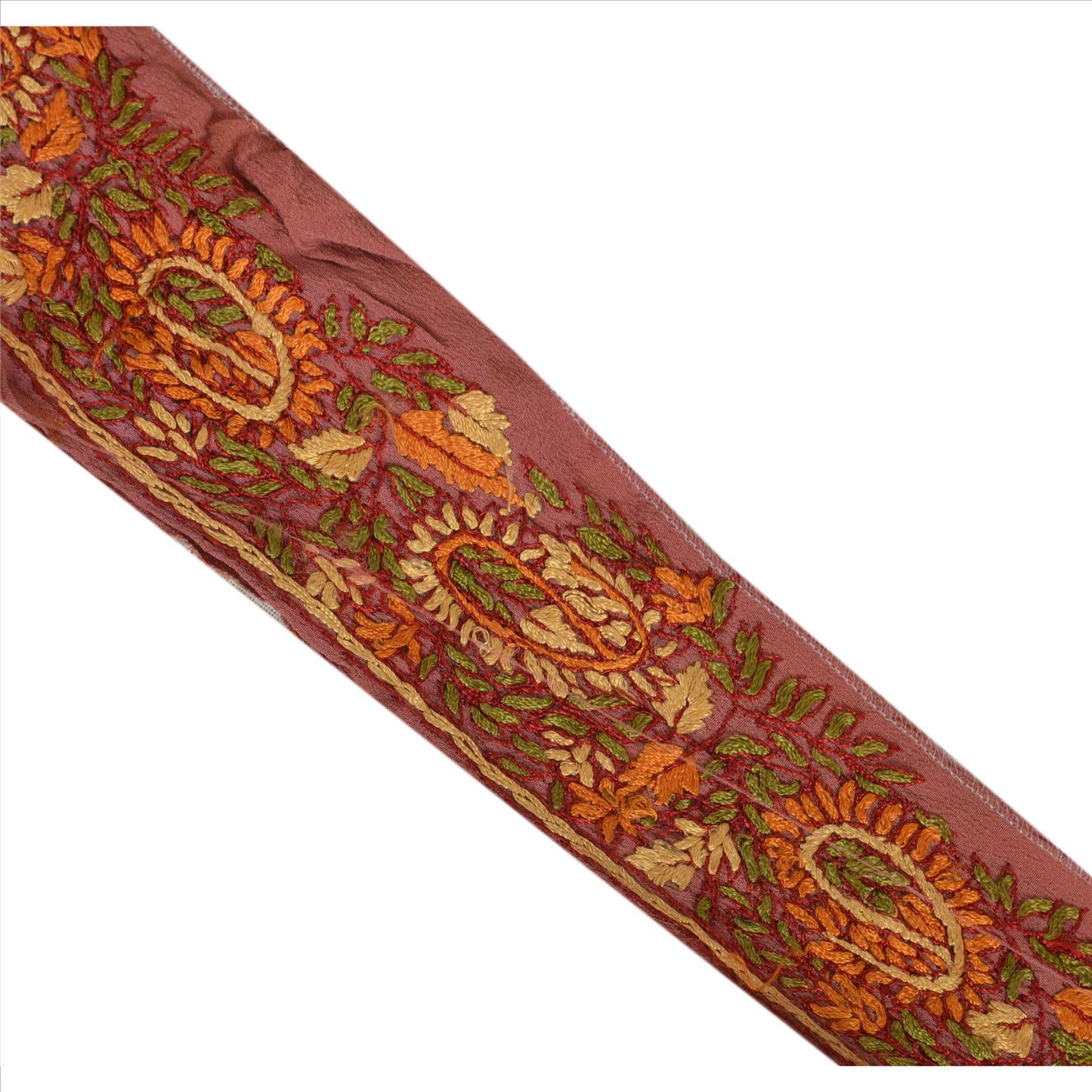 Sanskriti Vintage Sari Border Hand Embroidered 1 Yd Indian Trim Ribbon Pink Lace