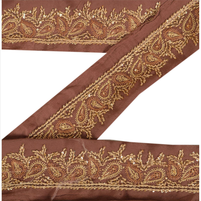 Sanskriti Vintage Hand Beaded Zari Sari Border: Brown Art Silk Indian Trim by upholstery fabric