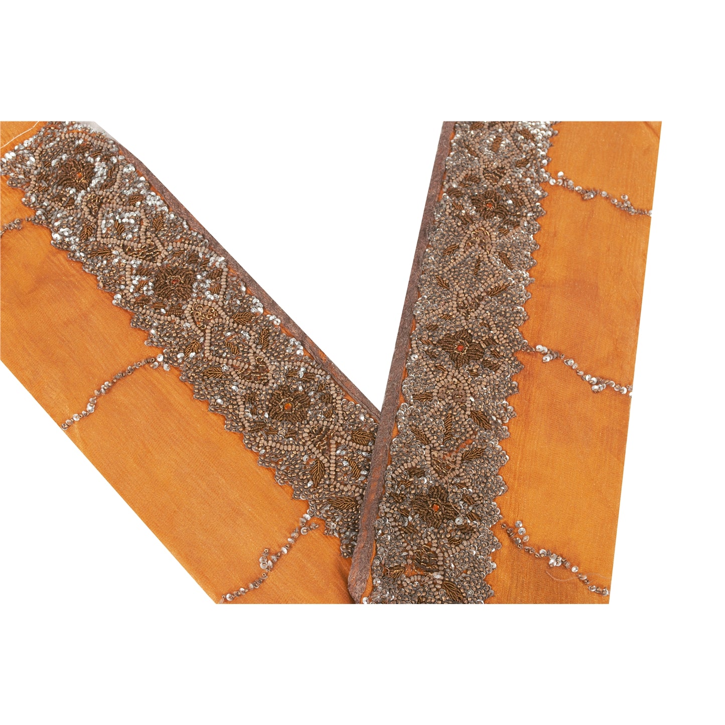 SANSKRITI VINTAGE SAREE BORDER HAND BEADED 1 YD TRIMS LACE 3W PURE SILK SAFFRON