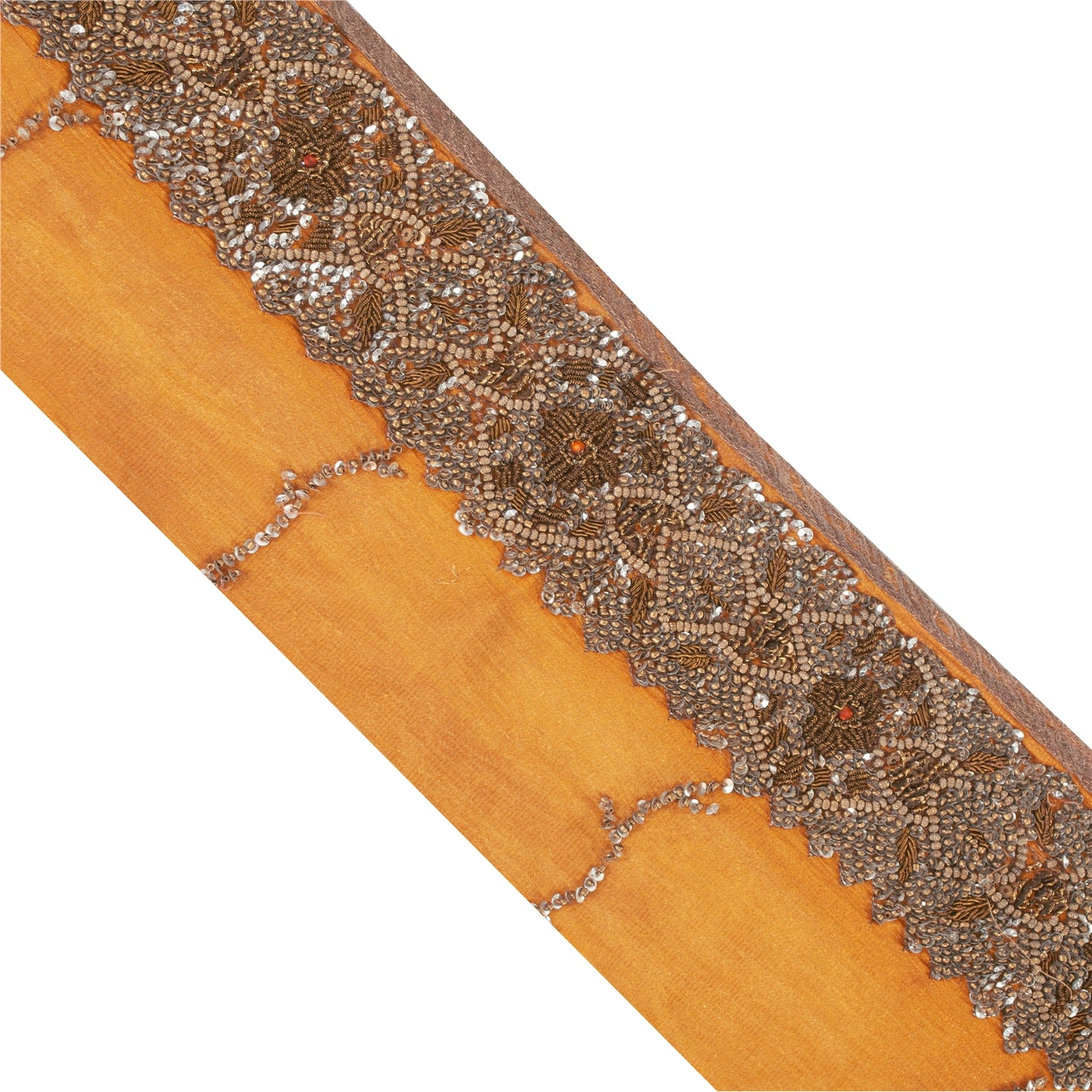 SANSKRITI VINTAGE SAREE BORDER HAND BEADED 1 YD TRIMS LACE 3W PURE SILK SAFFRON