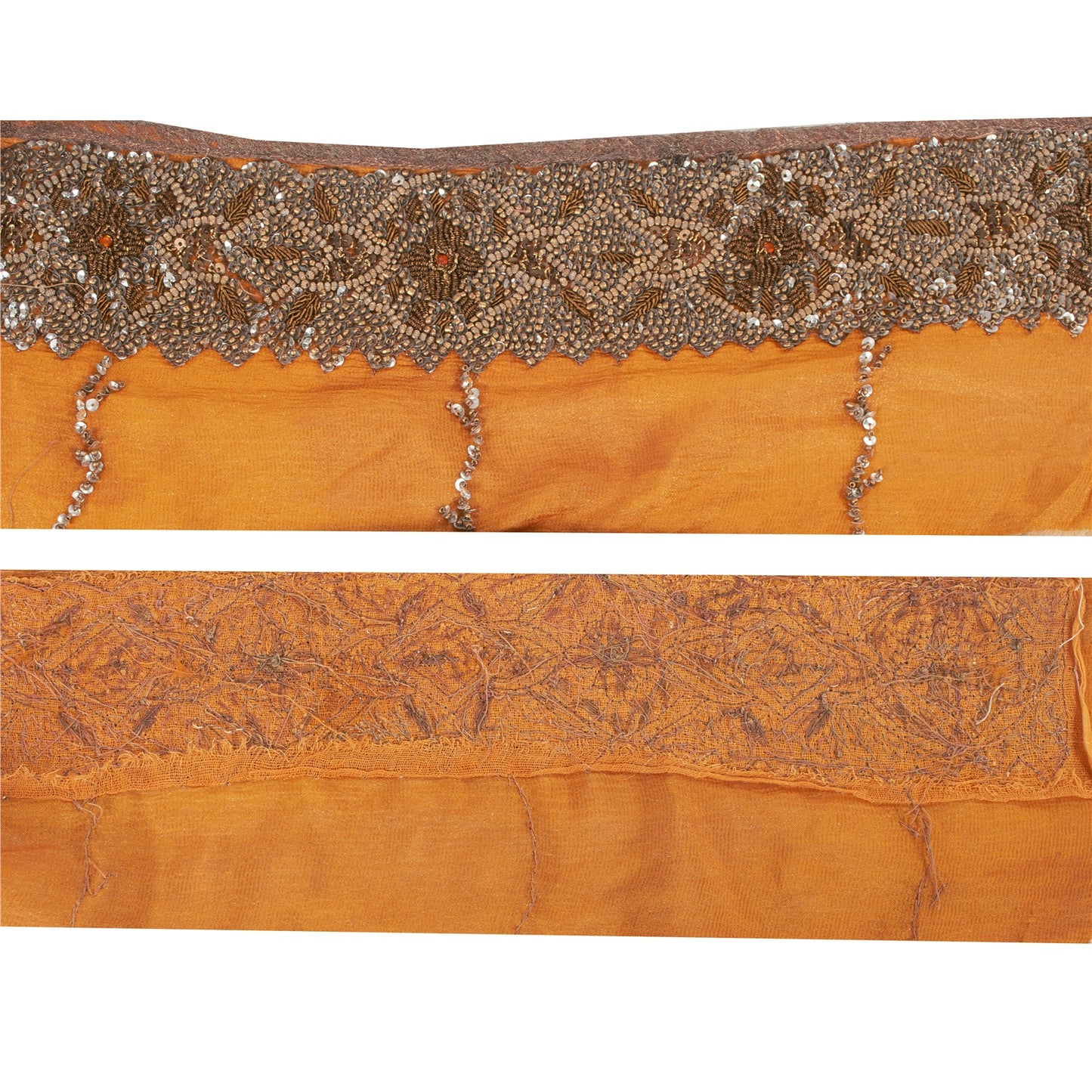 SANSKRITI VINTAGE SAREE BORDER HAND BEADED 1 YD TRIMS LACE 3W PURE SILK SAFFRON