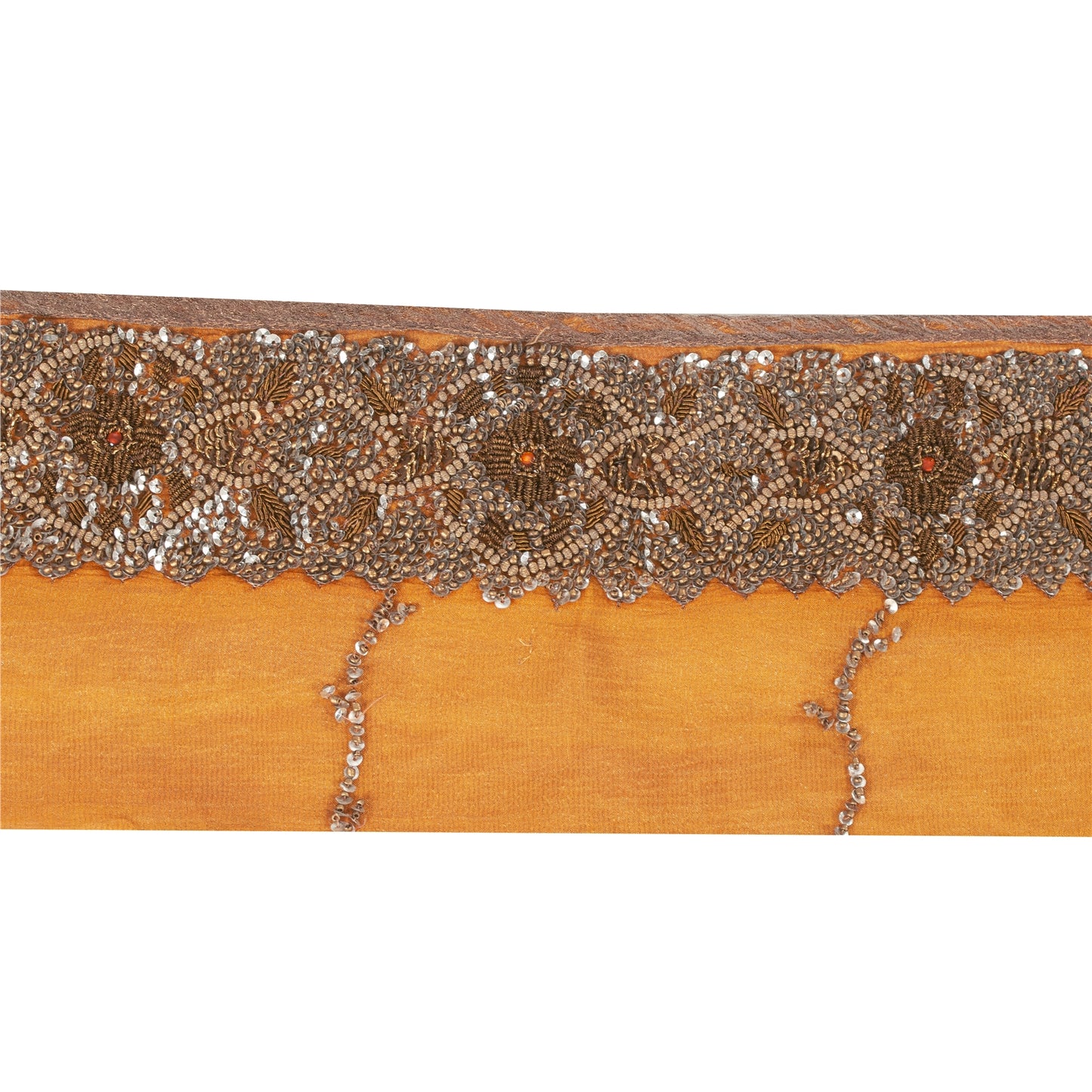 SANSKRITI VINTAGE SAREE BORDER HAND BEADED 1 YD TRIMS LACE 3W PURE SILK SAFFRON